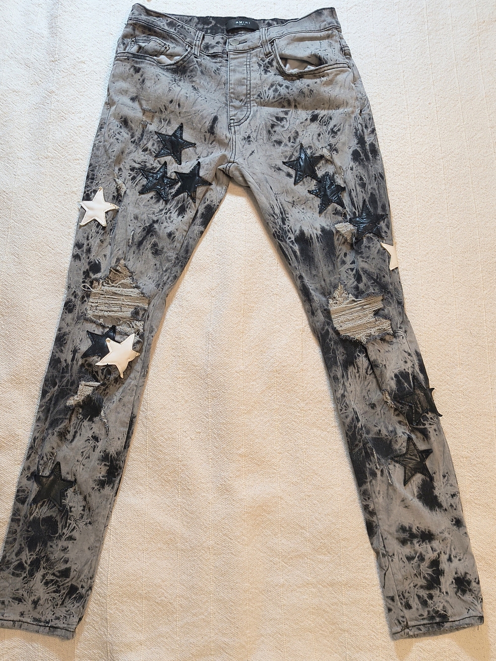 Amiri X Chemist Star Patched Men's Distressed Grey Acid Wash Jeans